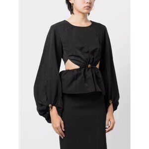 Staud Ivy Black Wood Grain Long Sleeve Peplum Cut-Out Top, Size S, NWT! $295